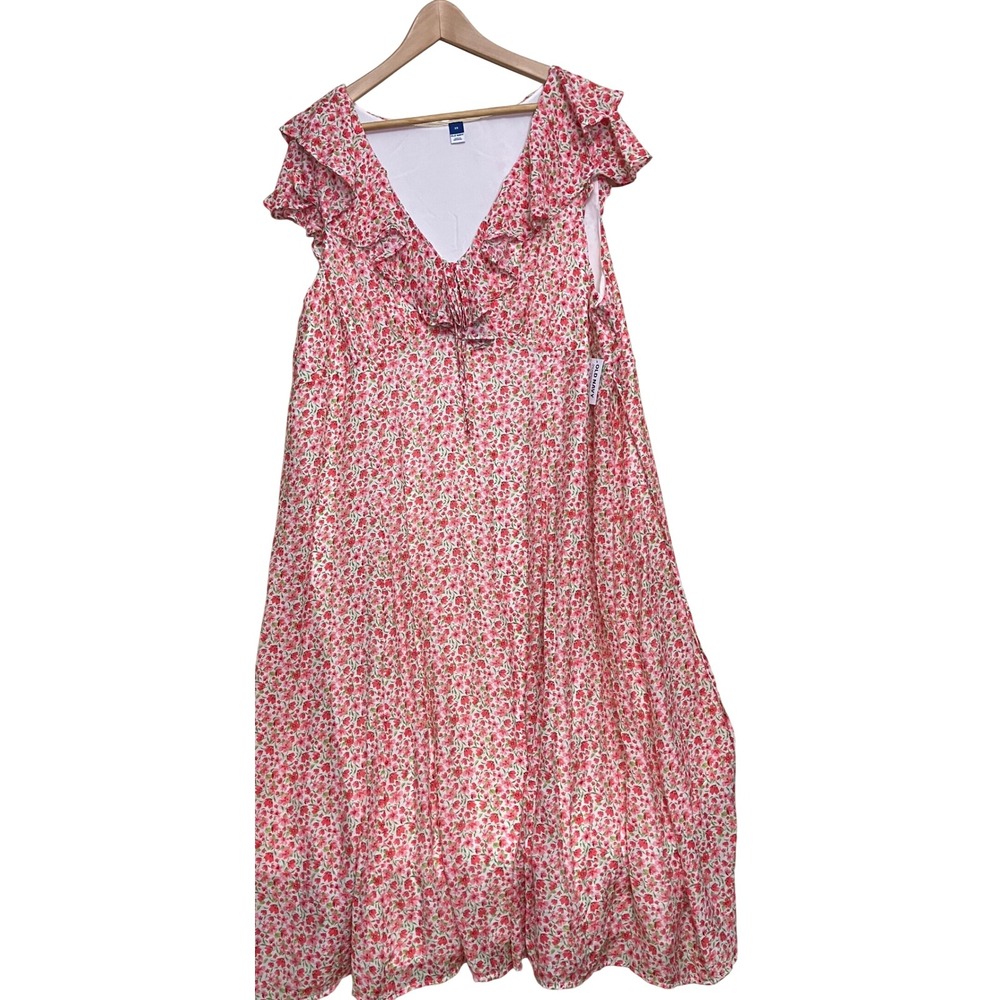 Old Navy Floral Midi Dress Womens 2X Pink Excellent Ruffle V-Neck Flutter Sleeve
